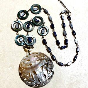 Rainbow Mother of Pearl Longevity Life Tree Pendant Bronze Link Long Necklace